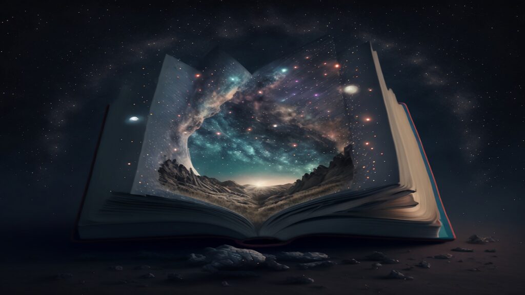 Photo of an open book with a representation of the cosmos around it.