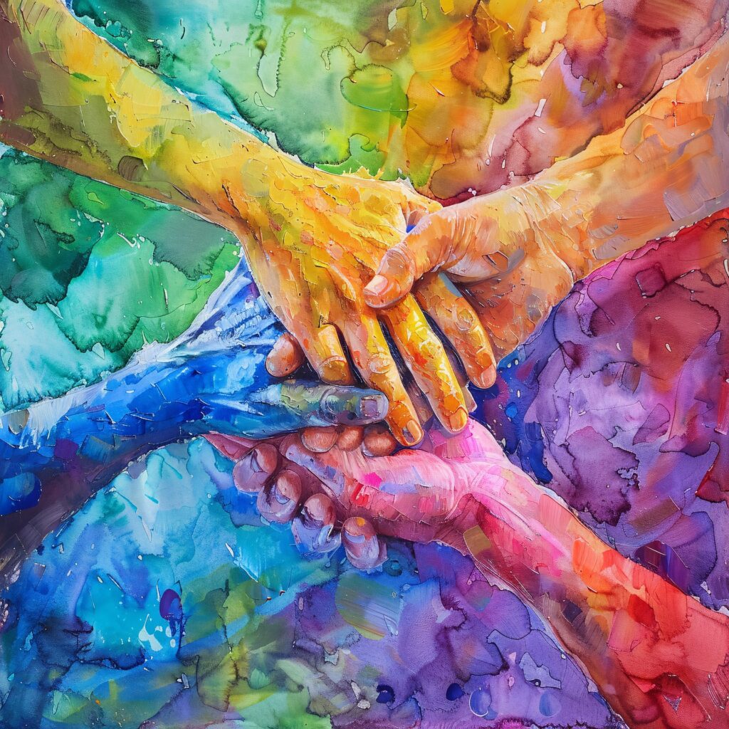 Photo representing Several hands shaking on a multi-colored background to symbolize solidarity, altruism.