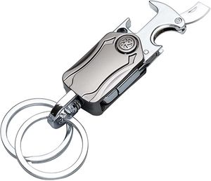 A key ring with a carabiner that can also be used as a bottle opener.