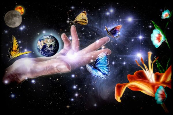 Photo of a photo expressing harmony with the Earth, butterflies, flowers in space.