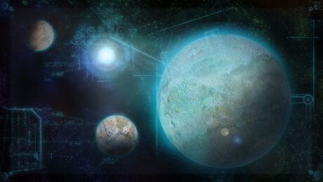 Drawing of planets with mathematical formulas in the background.