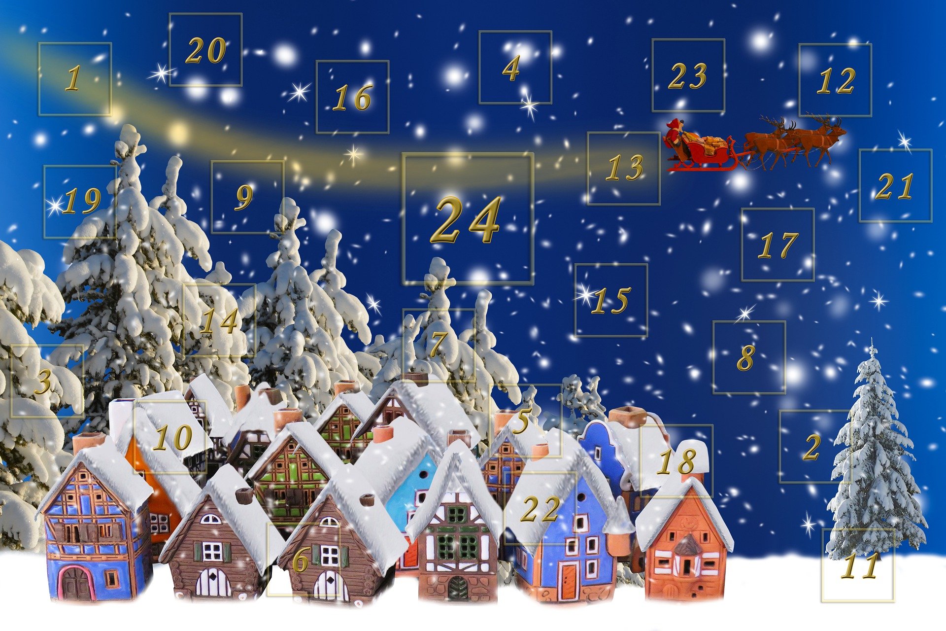Snowy landscape with houses and 24 boxes for the Advent calendar.
